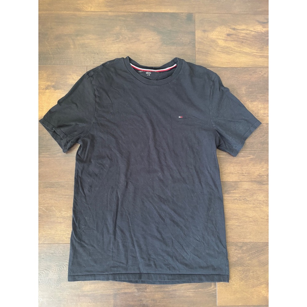 Tommy Hilfiger Mens Black Cotton Crewneck Short Sleeve Flag Logo T-Shirt L